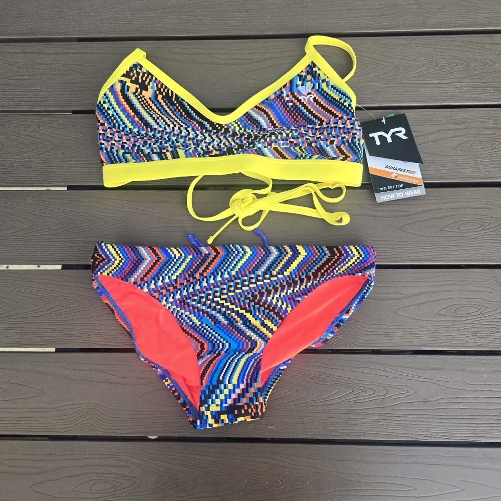 TYR Durafast Womens Glitch Yellow/blue Panama Top (M) Nylon Bottom (S)New Sample